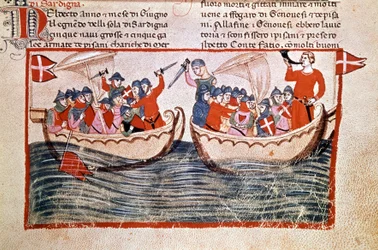 メロリアの戦いでジェノバがコルシカ島を占領する。1284.写本。ビブリオテカ・バチカン