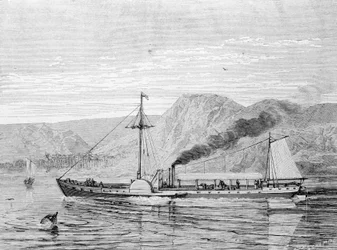 ロバート・フルトン（1765〜1815）が1807年にハドソン川のニューヨーク-アルバニー間を結ぶために建造した船、クラーモント号（Clermont）。19世紀のエングレーヴィング。