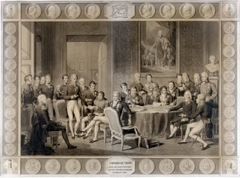 ウィーン会議の様子。1815年のウィーン会議の様子。アレクサンダー1世（皇帝）、H.R.スチュワート（カスレアーグ）、フランソワ1世（オーストリア皇帝）、フレデリック・ウィリアム3世（プロイセン王）、カール・アウグスト（ハーデンベルグ王子）、ヴィルヘルム・フォン・フンボルト（フンボルトのウィリアム