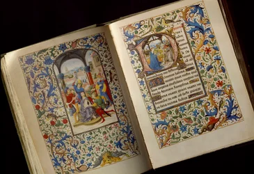 背表紙の戴冠式 「ブルゴーニュのマリア（1457-1482）の時祷書」（Cod.1857）の公開写本の2ページ 15世紀後半 Osterreischische Nationalbibliothek Vienna