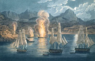 1811年4月30日、コルシカ島のサゴーネ湾でフランス船を破壊するイギリス船（カラー・アクアチント）