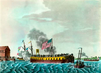 フルトン蒸気船「米国ニューヨーク港での操船」1807年頃の版画 プライベートコレクション