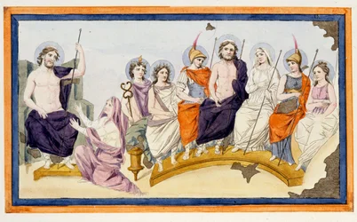 オリンポスの神々、左はアキレスの母テティスがゼウス（ジュピター）に向かって跪き、アガメムノンに対抗する息子を助け、トロイア軍を支援してくれるよう懇願している。L