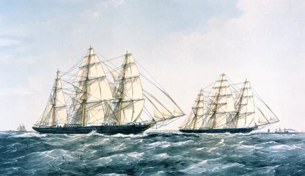 1866年、中国からロンドンに新茶を運ぶ「アリエル」と「テッピン」の間で行われた大クリッパー船レース（カラーリトグラフ