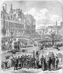 1871年のパリ・コミューン。フェデーレス（共産主義者）のバリケードと大砲公園、ホテル・ド・ヴィル広場。
