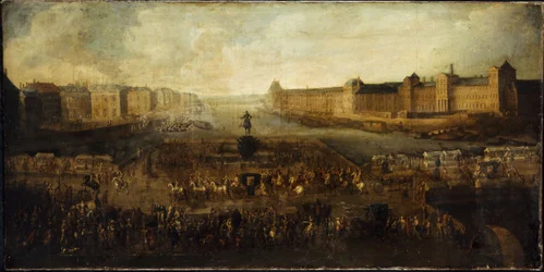 1665年頃、ドーフィン広場の入り口から見たポン・ヌフ、ケ・マラケとコレージュ・デ・キャトルナシオン、グランド・ギャラリー、ルーヴル美術館。