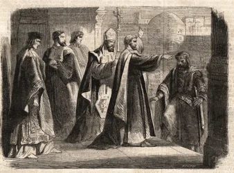 ミラノの大司教聖アンブローズ（Aurelius Ambrosius, Ambrogio di Milano (340-397)）は、ローマ皇帝テオドシウス1世（Flavius Theodosius）（347-395）が390年にテッサロニケで虐殺を行ったことを罰するために、教会への入場を禁止した - Excommunicati