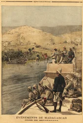 フランス軍によるメバタナ（マダガスカル）の占領。1895年6月30日「Le petit journal」に掲載されたエングレーヴィング。セルバのコレクション。