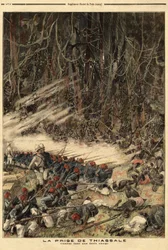 植民地の軍司令官ジャン・バティスト・マルシャン大尉（1863-1934）が115人の部隊を率いて、ベンダマ川と原生林の間でバウレ族の戦士たちと戦った、ティアッサレ（コートジボワール）の攻略。ル・プ」のエングレーヴィング