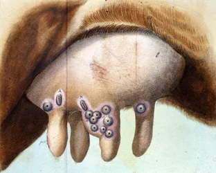 ルイージ・サッコ（1769-1836）が1801年1月に天然痘ワクチンの接種に用いた雌牛の乳房。ルイージ・サッコ著『予防接種論』の医学図版、ミラノ。