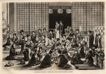 横浜劇場の食堂は、公演中であっても常に満席である。1863年から1864年にかけて、スイス連邦公使のアイム・アンベールが日本への旅を説明するために描いたもので、「le tour du monde」に掲載されている。