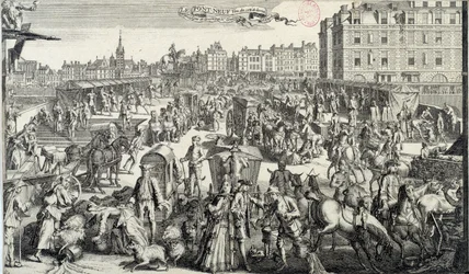 パリのポンヌフの恥ずかしさ。18世紀のパリの街の交通と交通渋滞のイラスト。1710年のエングレーヴィング。パリ、カルナヴァレ美術館