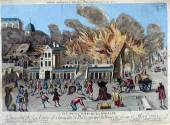 1762年3月16日から17日の夜、パリのサンジェルマン見本市の火事をトレイユの扉から見たもの。18世紀のエングレーヴィング