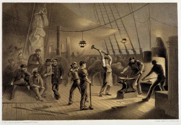 甲板上の鍛冶屋。8月9日夜、キャプスタン用のイフォンプレートを準備中 - W.H.ラッセル著「The Atlantic telegraph」（1860年頃）より
