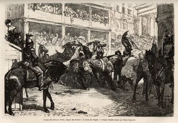 カーニバル期間中に4回開催される無料の競馬は、人民広場からスタートし、コルソのトリプルギャロップでヴェネツィア広場まで疾走し、賞品が授与されます。フランシス・ウェイが描いたローマへの航海を説明するためのエングレーヴィング。