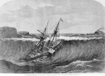 1867年12月にヴァージン諸島のセント・トーマスで発生した津波の巨大な波が、車輪付きの船「ラ・プラタ」に降りかかる。19世紀のエングレーヴィング。