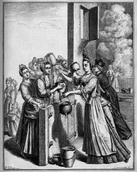 1709年の飢饉の際のパリでのスープの助け合い。18世紀の版画をもとにセリエが描いたもの。