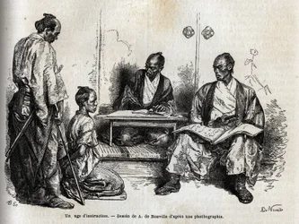 職務執行中の捜査判事が、彼の前に跪いてサムライを告発しています。1863年から1864年にかけての日本への航海を説明するためのエングレーヴィングで、スイス連邦の大臣アイム・アンベールが「Le tour du monde, nouveau jo.