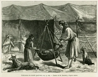 カロウン地方の羊飼いの女性たちによるミルクの製造。士官学校のジェーン・デラフォイ（1851-1916）が、1886年の「世界旅行」で描いた物語「La Perse, la Chaldee et la Susiane」を説明するためのエングレーヴィングで、監督はエドゥアール・シャルトン（1807-1890）。