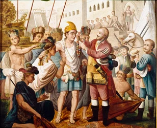 1519年11月のエルナン（またはエルナンド）・コルテスまたはフェルナン・コルテス（1485-1547）とアステカ王モンテスマ（またはモクテスマ：1466 - 1520）の会談 19世紀の匿名の絵画。マドリッドのアメリカ博物館。