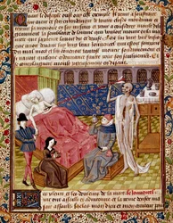 患者は、ジャン・ゲルソン（1363-1429）の「Le Tresor de Sapience」（または「Le traite du jardin amoureux」）から取られたミニチュアの死に打たれている。