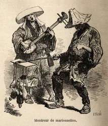 人形劇と、大道芸に付き合う音楽家。1863年から1864年にかけて、スイス連邦公使アイム・アンベールが行った日本への旅を説明するためのエングレーヴィングで、エドの指揮のもと「le tour du monde」に掲載されています。