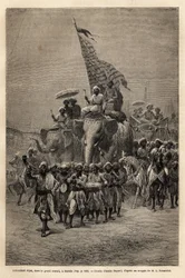 インド北東部のグジャラート州バローダ（またはヴァドダラ）で行われるソワリ（軍隊の行列）の中の王室の旗です。1864～1868年にルイ・ルースレが行ったラジャ家のインド航海を描いたもので、「Le tour du monde」に掲載されている。