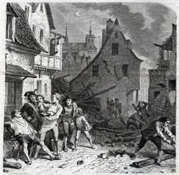 リールのシェービングディッシュ。フランス革命戦争中の1792年のリール包囲戦でのエピソード - Le siege de Lille en octobre 1792 - Revolution francaise - Bombardement by Austrians and Prussians - Barber uses half a bomb as a beard dish - engraving