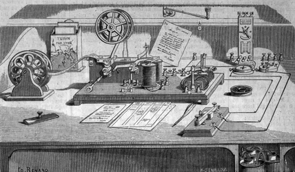 アメリカの発明家サミュエル・フィンリー・ブリース・モース（1791〜1872）が発明した電信機。19世紀に描かれた版画
