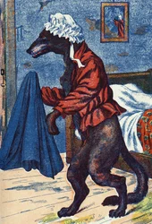 狼がおばあさんの服を着る。フランスの作家シャルル・ペロー（1628-1703）の物語「赤ずきんちゃん」の匿名の挿絵。イメージ：Marcel Vagne, Jarville Nancy, undated (19世紀後半).
