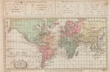 メルカトル図法またはエドゥ・ライト図法による世界、1730年頃（エングレーヴィング）