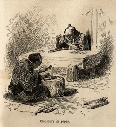 二人の労働者がそれぞれハンマーとポンチを持ち、作業場で金属パイプを彫っている。1863年から1864年にかけて、スイス連邦公使のアイム・アンベールが日本への旅を説明するために描いたもので、「le tour du monde」に掲載された。