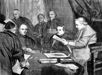 バチカン公会議 I. 教皇ピオ9世が公会議の理事会メンバーに囲まれる。1869