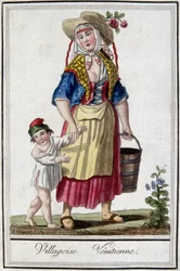 息子を連れたヴェネツィアの村18世紀のエングレーヴィング。