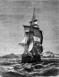 1857年、インド洋のセント・ポール島の前に立つオーストリアのフリゲート艦「ノバラ」の眺め。19世紀のエングレーヴィング