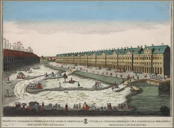 サンクトペテルブルクの十二のコレージュの建物（batiment des douze colleges）の眺め - Anonymous.銅版画、水彩画