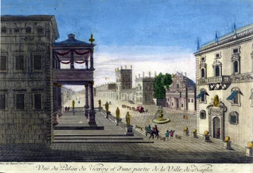 1760年のヴィケロイ宮殿とナポリの街の一部の眺め。