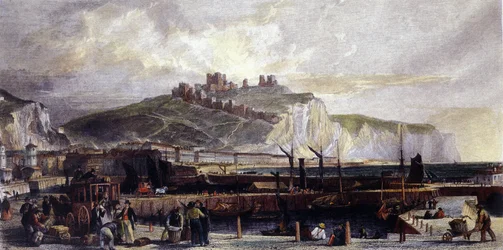 イギリスのドーバー市とその高い白亜の断崖の眺め。1850.