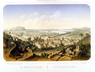 パレルモ(Palermo)の街の眺め。1850.1860年のエングレーヴィング