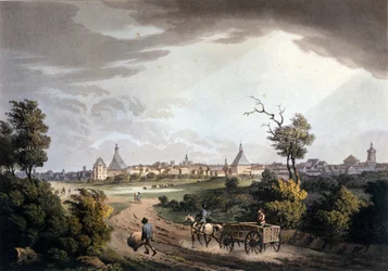1820年頃のドイツ、ライプツィヒの街の周辺風景。