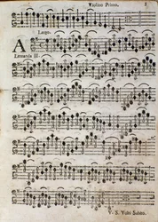 ヴァイオリンです。Tomaso Albinoni（1701）のBalletto a 3, op.3の楽譜のページです。