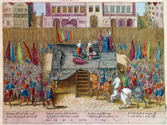 九十年戦争。オランダの政治家、エグモント伯爵（ガヴレ公）ラモラルの断罪（1522-1568）。アルバ公爵が設立したConseil des troubles（血の評議会）の枠組みの中で断罪された。エングレーヴィング。パリB.N.