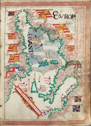 西地中海、図と表を含む25の海図からなる地図帳に綴じられた、1550-60年頃（ベラム紙）