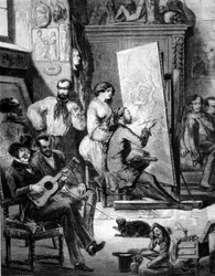 19世紀のある画家のワークショップ。ある者は音楽を奏で、ある者は煙草を吸いながら、画家は絵を描いている。19世紀のエングレーヴィング