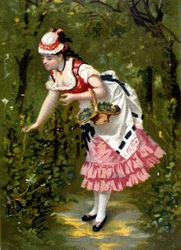 花を摘む若い女性クロモリトグラフィー