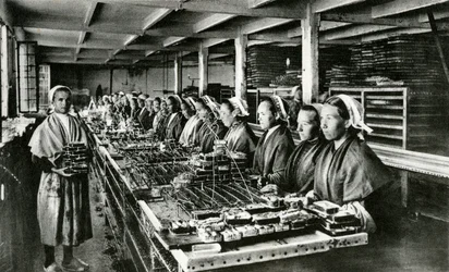 イワシの缶詰、イワシ産業、フィニステール、ブルターニュ（モノクロ写真）