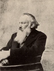 ヨハネス・ブラームス（1833-1897）ドイツの作曲家。1895年10月6日、ウィーンで撮影されたサイン入り写真（ハーフトーン）（プリント）