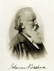 ドイツの作曲家Johannes Brahms (1833 - 1897)のポートレートを自筆の写真に収めたもの。