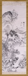 荒野の交差点での空のフェリー（紙にインク）