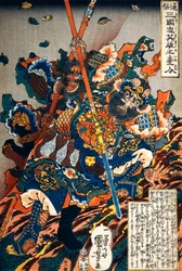 丘の上で戦う蝶子と趙雲 国貞（1786-1865）作 天保7年頃 三国志英雄図シリーズ 浮世絵・大判立絵 江戸時代（1600-1868）・日本